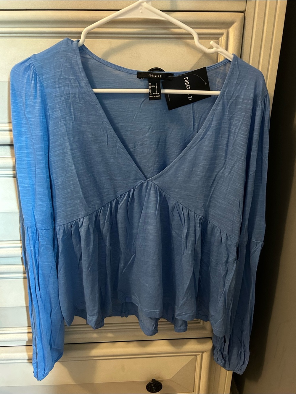 NWT Forever 21 Sky Blue V-Neck Peplum Long-Sleeve Blouse
